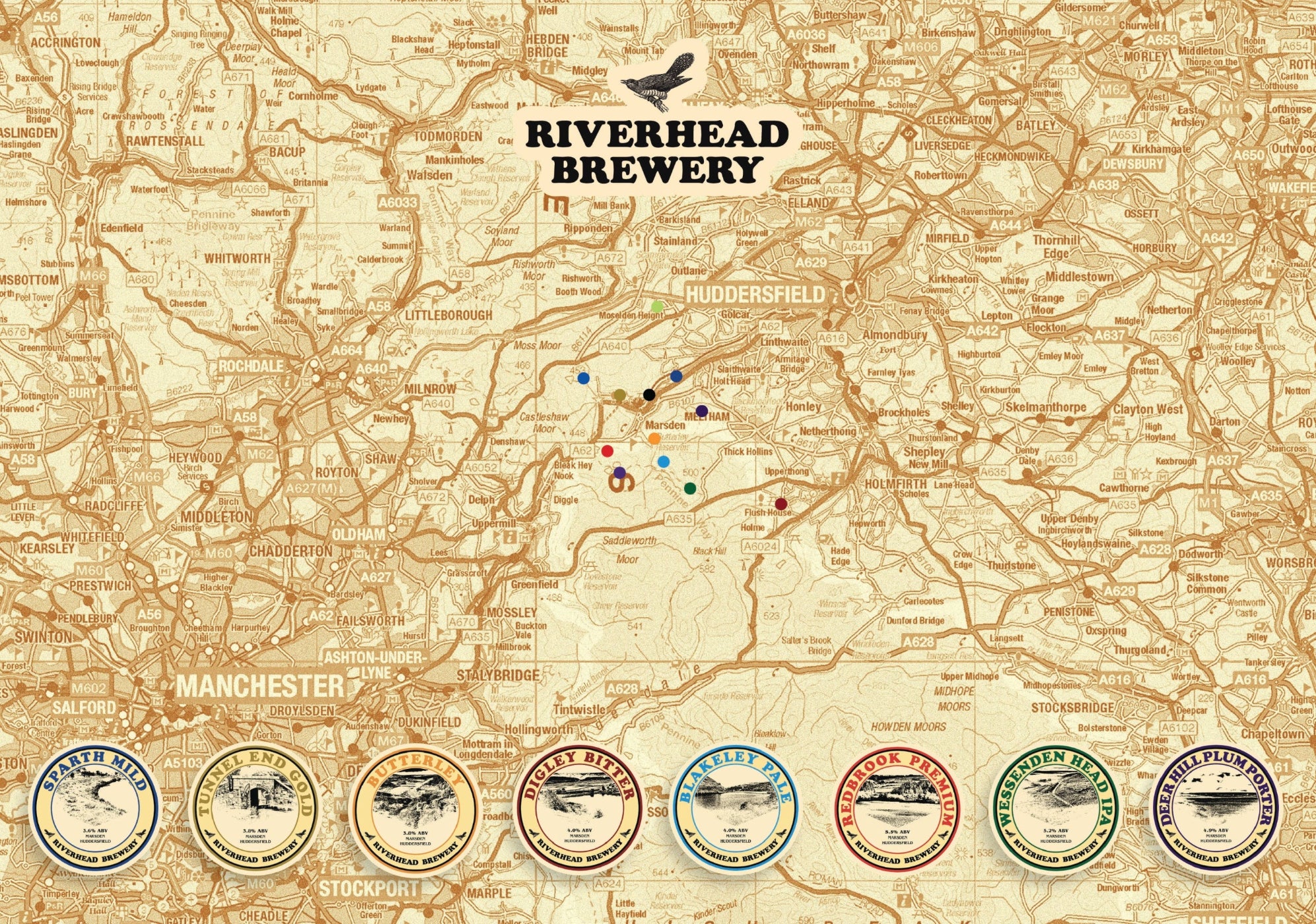 A vintage-style map poster featuring Riverhead Brewery branding at the top and a row of circular beer label designs along the bottom, all on a warm beige map background.